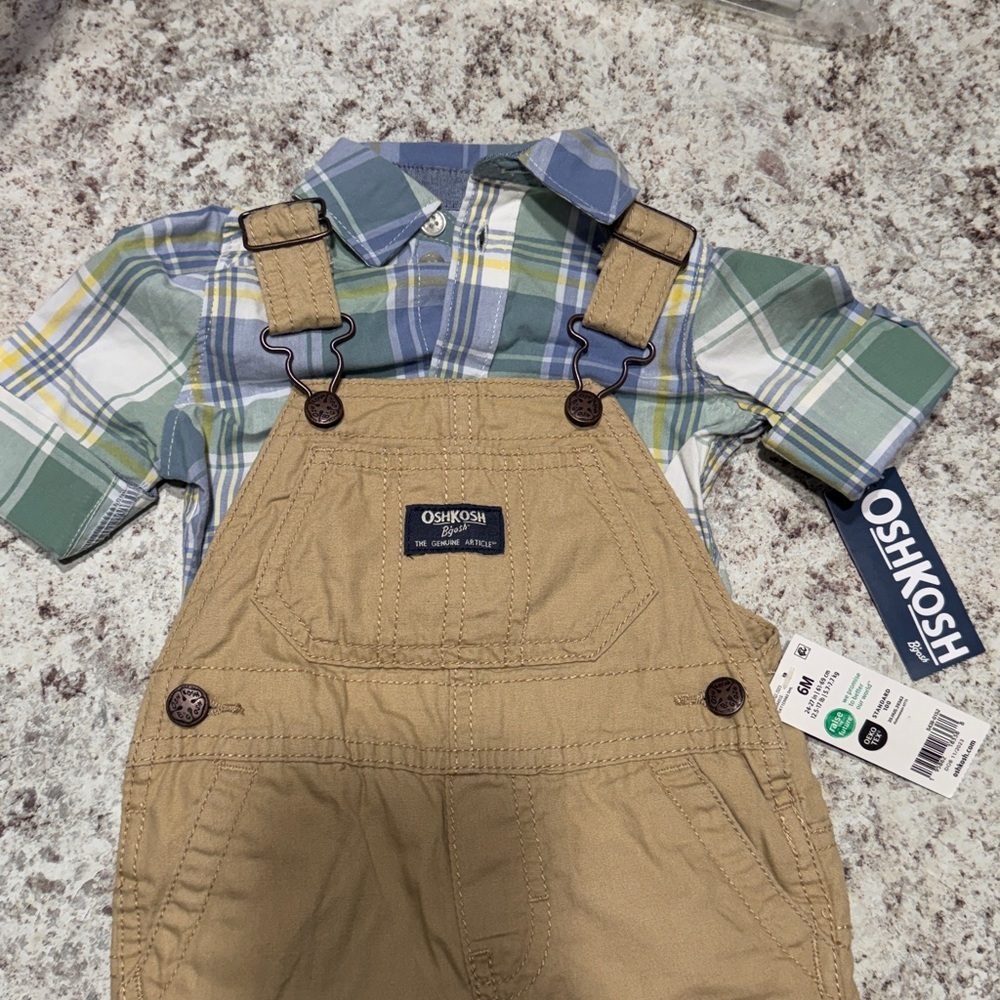 OshKosh B'gosh Beige Overalls with Green Plaid Shirt - Picture 2 of 5